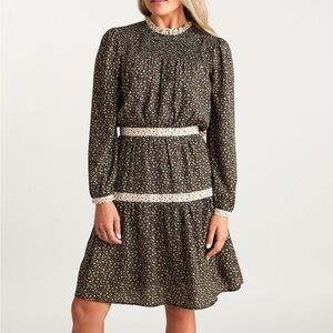 DownEast Floral Long Sleeve Dress - Brown and Cream NWT